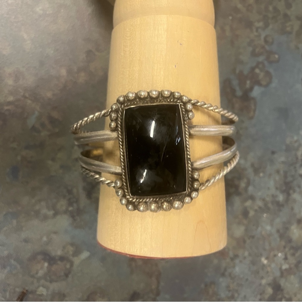 Sterling Silver Black Onyx Multi-Band Statement Cuff Bracelet